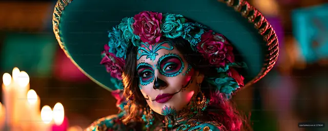 Festive woman wearing skull-inspired makeup and floral headpiece