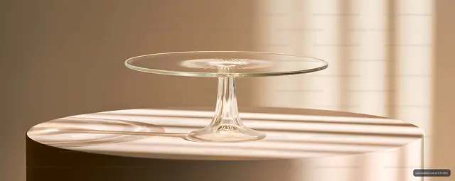 Transparent glass cake stand in warm minimalist light