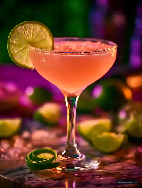 Pink lime cocktail under colorful lights