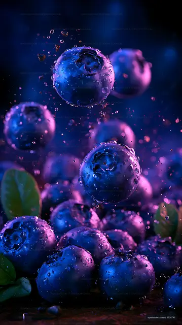 Dew-covered blueberries glowing under blue and pink light