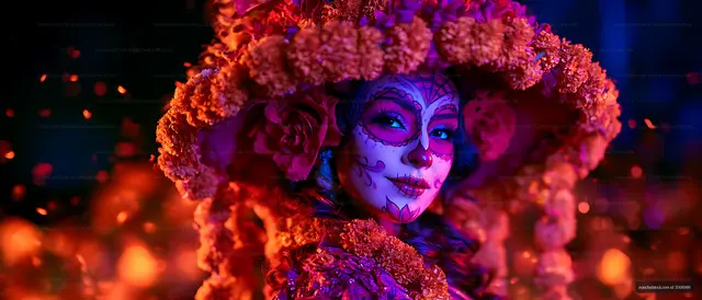 Woman in a flower headdress with vibrant face paint