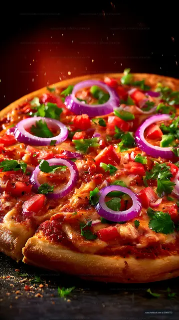 Dramatic close-up of colorful pizza with fresh toppings