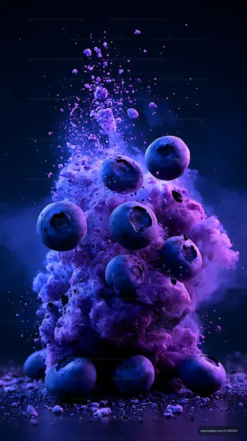 Blueberries in a vivid purple powder explosion