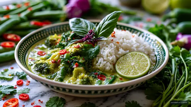 Creamy vegetable curry served with rice and lime