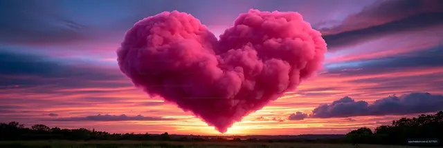 Pink heart-shaped cloud above a glowing sunset horizon