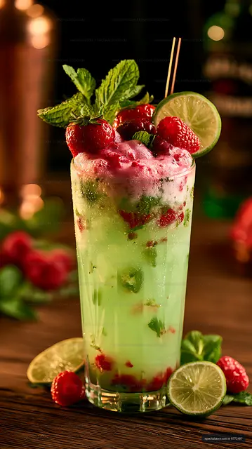 Fresh berry and lime beverage with mint in a tall glass