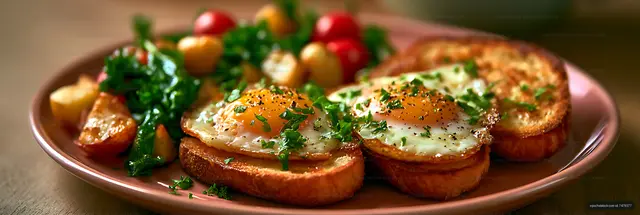 Close-up plate of fried eggs on toast with vegetables