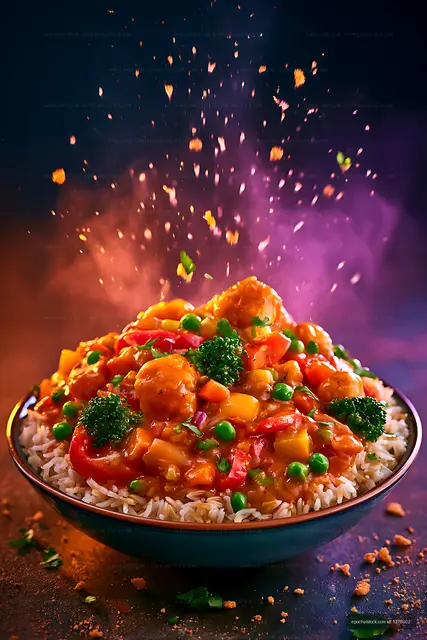 Colorful vegetable stir fry over rice