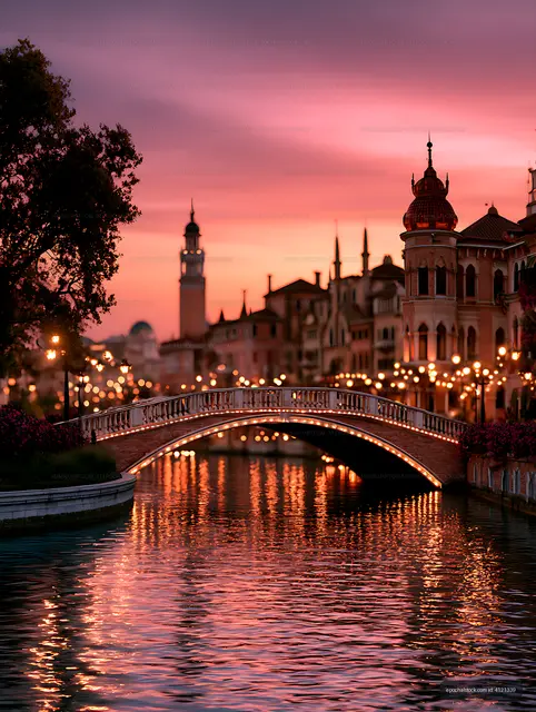 Ornate canal bridge glowing beneath a pink evening sky