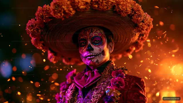 Dramatic Floral Costume Portrait with Skull-Inspired Makeup