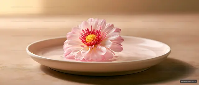 Pink blossom floating in a ceramic water dish