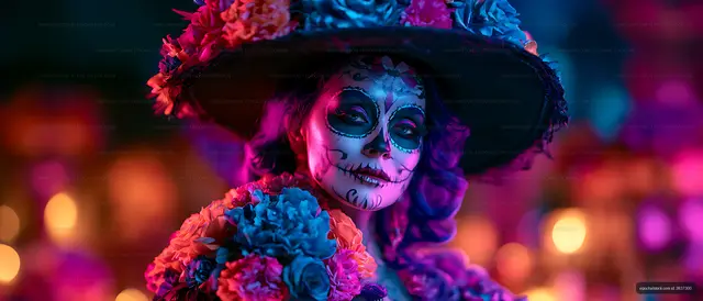 Vibrant close portrait with skull face paint and floral accessories
