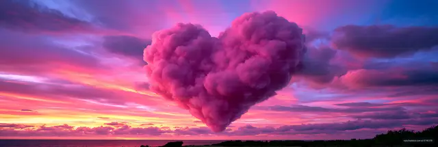 Surreal heart-shaped cloud in a pink and purple sunset sky