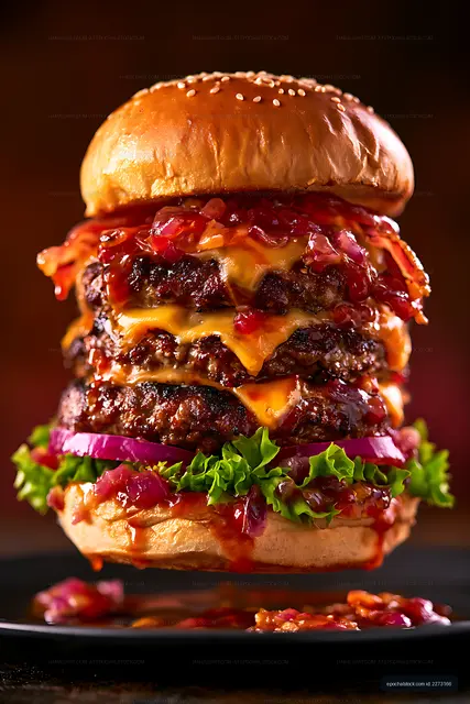 Triple cheeseburger with melted cheese and colorful toppings