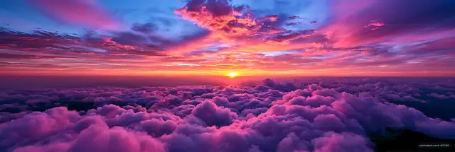Panoramic purple and pink sunset over clouds