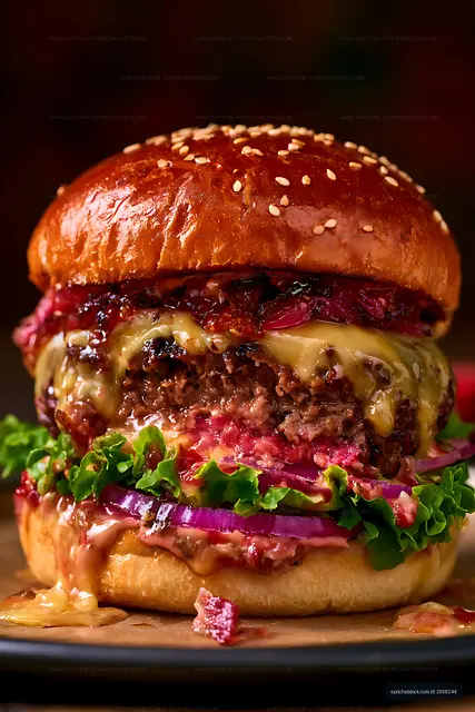 Layered cheeseburger with sesame bun and melted cheese