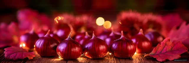 Red onions and autumn foliage in warm atmospheric light