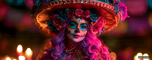 Dramatic colorful portrait with sugar skull makeup