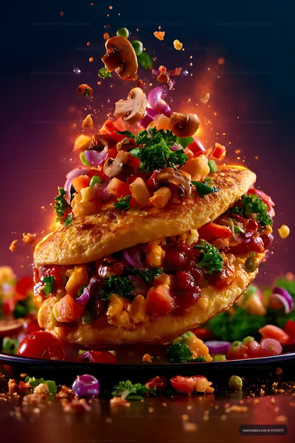 Dramatic close-up of a loaded vegetable sandwich