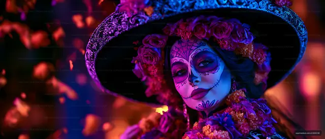 Woman wearing floral skull makeup and ornate hat