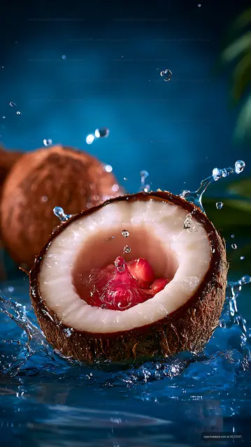 Tropical coconut with red fruit and water droplets