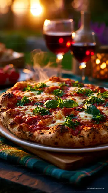 Close-up pizza with basil and wine glasses at dinner
