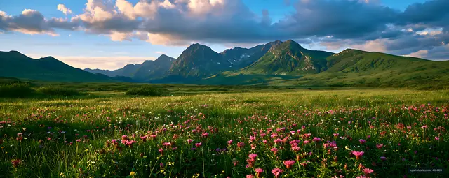 Panoramic wildflower field and green mountain valley