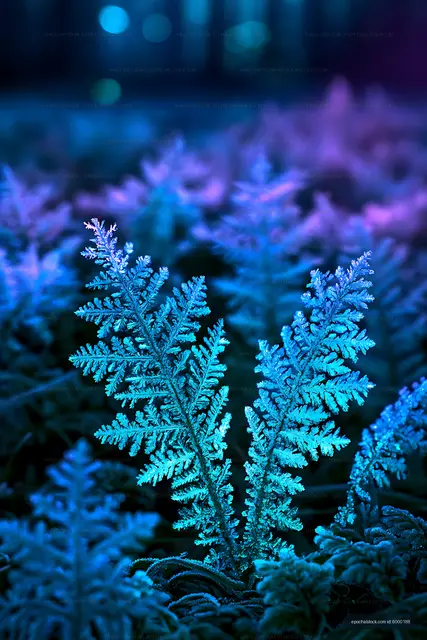 Blue fern leaves against a dreamy purple background