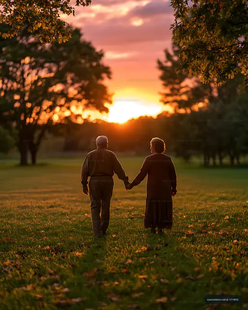 Hand-holding couple walking toward a glowing sunset