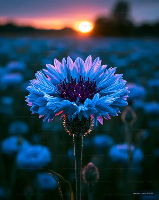 Blue flower in a field at sunset