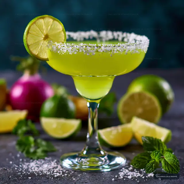 Salt-rimmed lime cocktail surrounded by citrus and herbs
