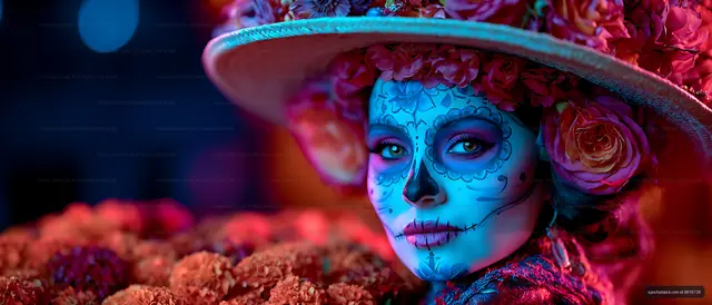 Woman in floral face paint wearing a flower-covered hat