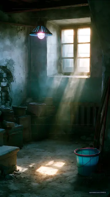 Sunbeams illuminate a weathered room with an old window
