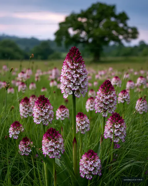 Spotted pink orchids flowering among meadow grasses