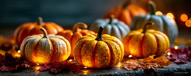 Autumn pumpkin still life with leaves and bokeh lights