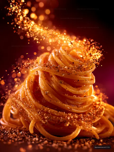 Glowing spiral pasta nest in dramatic orange light
