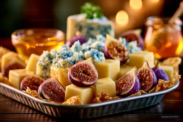 Assorted cheeses and sliced figs in warm light