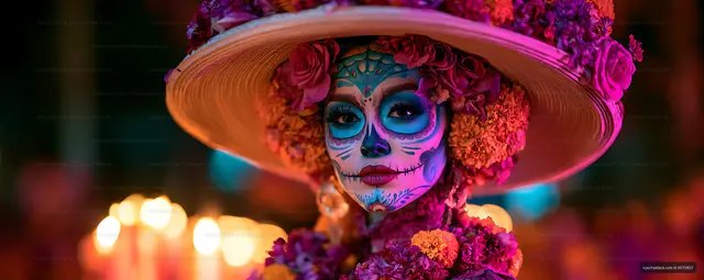 Colorful sugar skull makeup and flower hat portrait