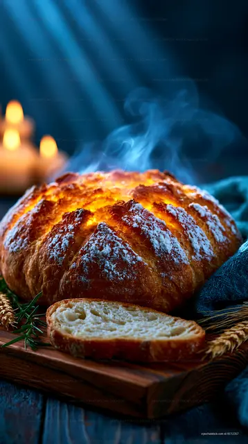 Golden crusty bread loaf with slice on wooden board