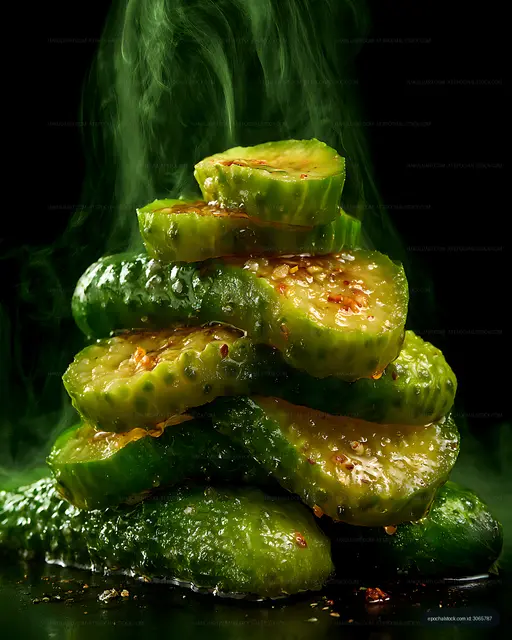 Close-up stack of seasoned pickle slices