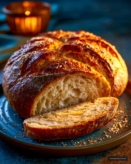 Close-up of crusty artisan bread and sliced piece