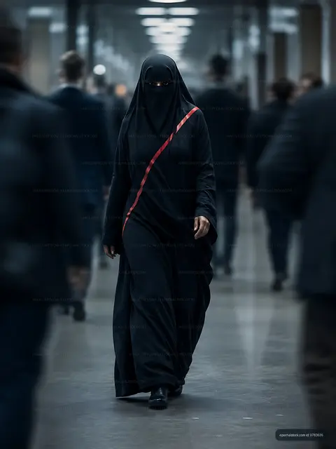 Woman in black attire walking in a busy corridor