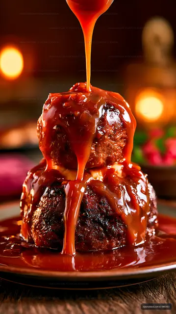 Caramel drizzle over layered chocolate dessert