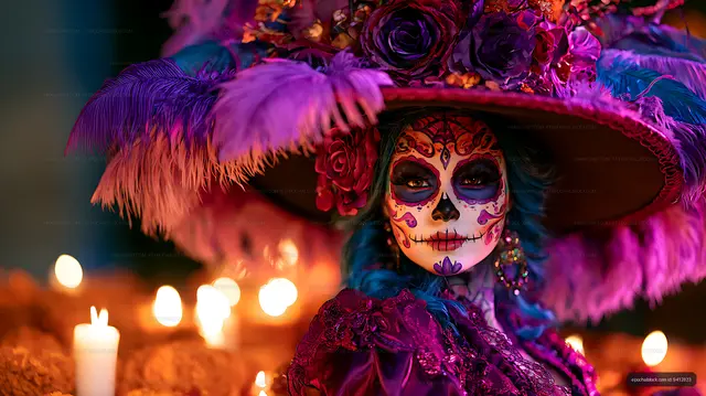 Vivid candlelit portrait of a woman in a floral feathered hat