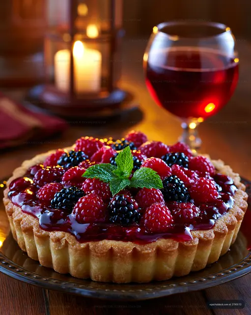 Close-up berry tart with mint, wine glass, and candlelight