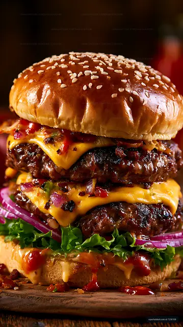 Double cheeseburger with melted cheese and vegetables