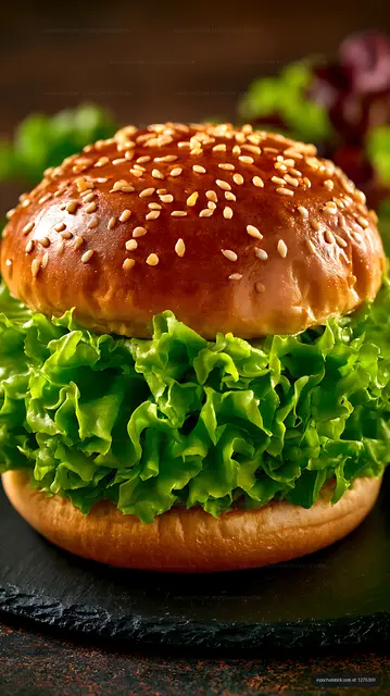 Glossy sesame seed burger with green lettuce