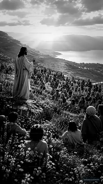 Jesus teaches a crowd on a hillside by the lake