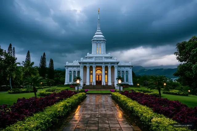 Ornate white temple and tropical garden under dark clouds