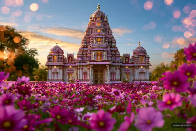 Ornate temple framed by flowers and sunset bokeh